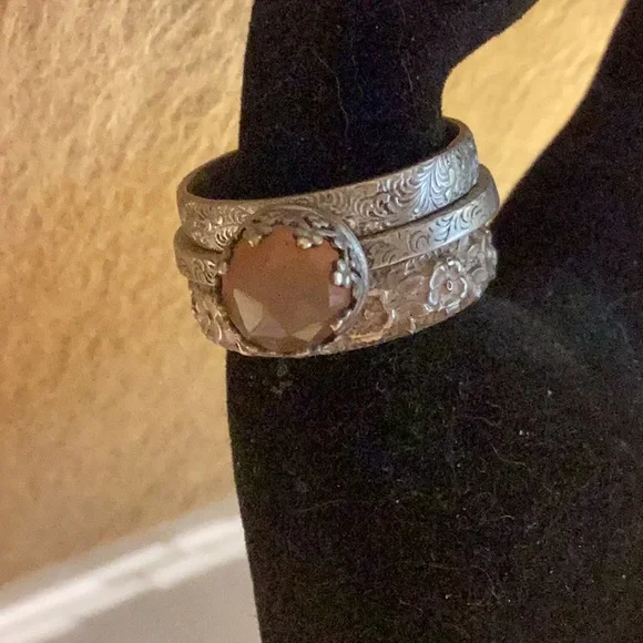 Peach moonstone sterling 3 ring set - Picture 1 of 4